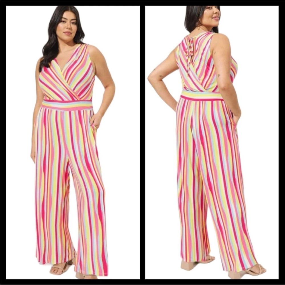 Torrid Women's Plus Super Soft Surplice Jumpsuit in Stripe Ivory size 2x